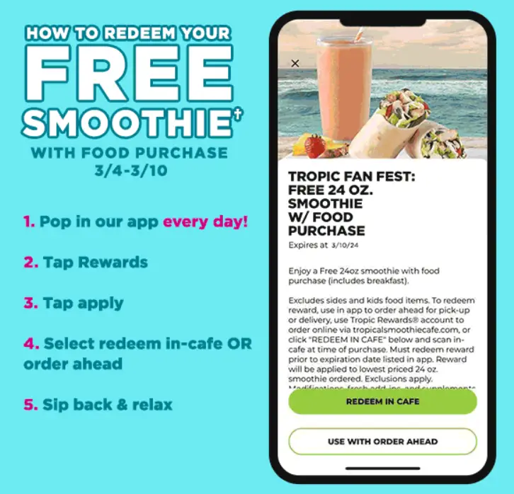Tropical Smoothie Cafe Free Smoothie With Food Purchase